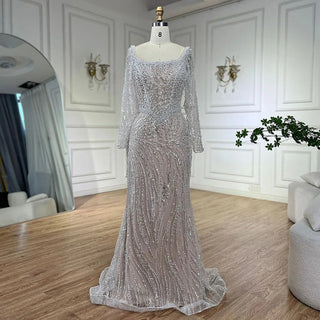 Ships in 1 to 3 Days - Muslim White Nude Elegant Mermaid Luxury Dubai Evening Dresses Gowns Pearls Beaded For Women Wedding Party