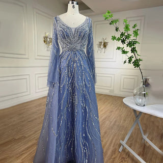 Ships in 1 to 3 Days - 2024 Blue A-Line Evening Gown: Arabic-Inspired Beaded Detail with Long Sleeves for Women's Wedding Celebrations