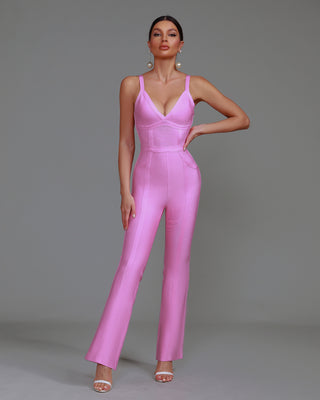 Ships in 1 to 3 Days -Sleek Satin V-Neck Jumpsuit with Wide-Leg Design