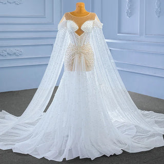 Illusion Pearls Mermaid Bridal Wedding Dress with Shawl