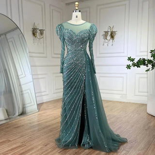 Ships in 1 to 3 Days - 2024 Arabic Turquoise Mermaid Split Beaded Luxury Dubai Long Evening Dresses Gowns for Women's Wedding Party