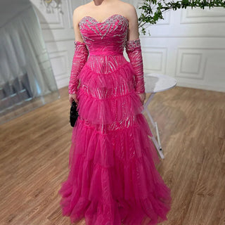 Ships in 1 to 3 Days - Fuchsia A-Line Elegant Sweetheart Off-Shoulder Tiered Beaded Evening Dress: 2024 Prom Gown for Women's Party