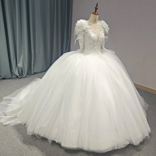 Elegant Long Sleeve Feather Puffy Ball Gown Bridal Wedding Dresses