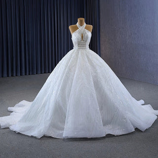 Fairy Halter Pearl Beaded Ball Gown Wedding Dress for Girls