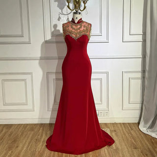 Arabic Wine Red Mermaid Elegant Satin Beaded Luxury Dubai Evening Dresses Gowns For Women Wedding Party 2024