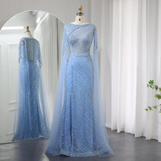 Arabic Blue Mermaid Elegant Evening Gown 2024: Cape Sleeves, Split, Beaded for Women Wedding Party