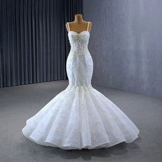 Luxury Pearl Spaghetti Strap Mermaid Bridal Wedding Gown