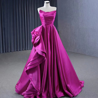 Soft Satin Fuchsia Ruffle A-Line Evening Prom Dresses For Girls.