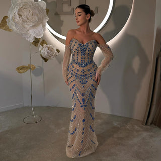 2025 Customized Blue Saudi Arabic Evening Gown - Strapless Long Sleeves Beaded Dress for Formal Occasions