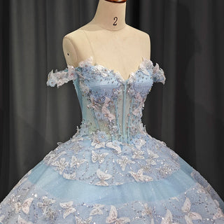 Bling Sky Blue Butterfly Evening Party Gown for Women