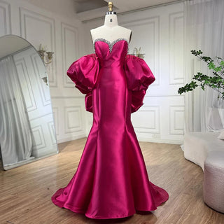 Ships in 1 to 3 Days - Fuchsia Mermaid Mikado Satin Strapless Balloon Sleeves Evening Dress - Women's Wedding Party 2024