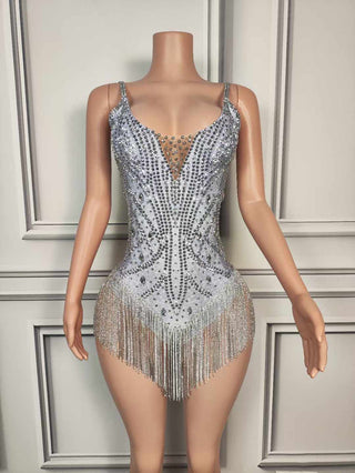 Crystal-Embellished Bodysuit with Fringe Details