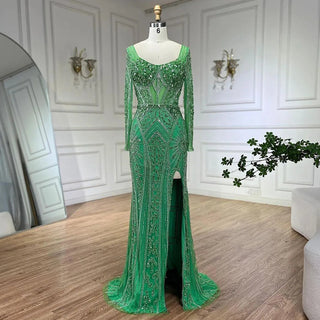 2024 Dubai Arabia Luxury Beaded Evening Dress - Green Elegant Split Mermaid Gown for Women's Wedding Parties