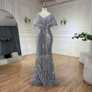 2024 Arabic Elegant Gray Mermaid Luxury Dubai Evening Gown with Feathers Beaded Dress for Women's Party