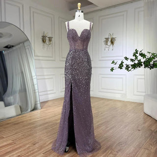 Purple Spaghetti Straps Mermaid Beaded Party High Split Evening Dress - Gown for Women's Wedding Party 2024