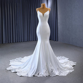 Simple White Mermaid Spaghetti Strap Chapel Train Appliqué Wedding Dress