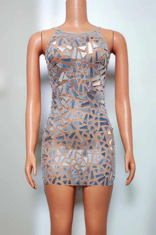 Reflective Mirror Mosaic Mini Dress with Sleek Halter Neckline