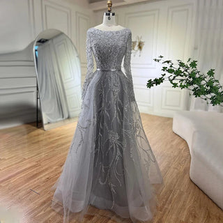 Ships in 1 to 3 Days - 2024 Muslim Gray A-Line Evening Luxury Dubai Dress - Beaded Gown for Women's Wedding Party