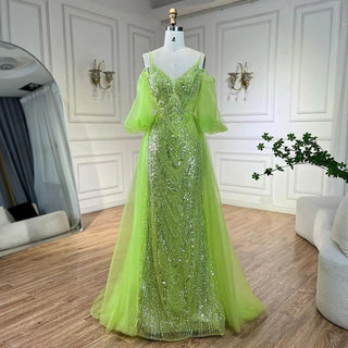 Arabic Lemon Spaghetti Strap Evening Gown Beaded Overskirt Luxury Dresses for Women's Wedding Party 2024