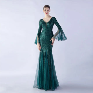 Elegant V-Neck Floor-Length Trumpet Prom Dress with Sequins for Wedding Party