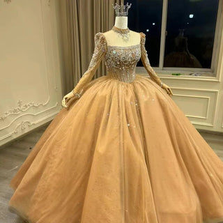 Vintage Golden Pearls High Neck Puffy Quinceañera Dress for Sweet Girls