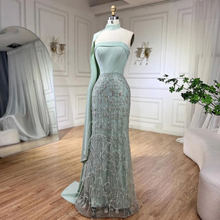 Sage Green Long Cape Cloak Mermaid Elegant Satin Beaded Feathers Evening Dress - Women's Party 2024