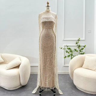 New for 2024: Luxury Champagne Dubai Evening Dresses with Pearls and Cape, Perfect for Arabic Women's Mermaid Wedding Party and Prom Dress