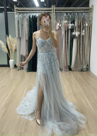 Ships in 1 to 3 Days - Stunning Blue V-Neck Backless Cocktail Dress - Beaded Lace Wedding Party Mini Gown with Detachable Train