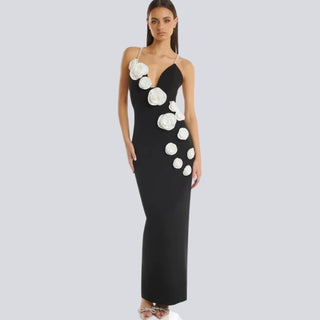 Elegant White Bandage Dress with Pearls and Flower Design - Sexy V-Neck Spaghetti Strap Backless Bodycon Evening Dress