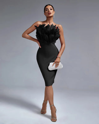 Elegant Slim Fit Strapless Midi Feather Cocktail Dress - Evening Bandage Dress for Women