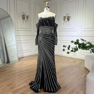 Arabia Black Elegant Strapless Split Mermaid Beaded Evening Dress - Gown for Women's Wedding Party 2024