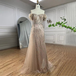 Arabic Dubai Nude Mermaid Evening Gown 2024: Boat Neck, Beaded Tassel Luxury for Women's Wedding Party