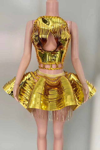 Futuristic Gold Metallic Mini Dress with Sculptural Open-Back Design