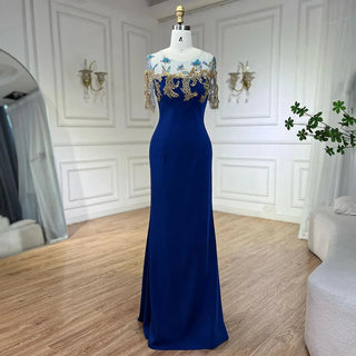 Arabic Blue Mermaid Elegant Appliques Luxury Dubai Evening Dresses Gowns 2024 For Women Wedding Party