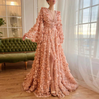 Blush Peach-Pink 3D Flowers Evening Dress with Bell Long Sleeves and V-Neck | Arabic Wedding Party Birthday Gown