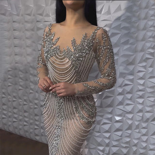 Luxury Crystal Pearls Dubai Nude Evening Dress - Long Sleeves Formal Prom Party Gown for Women's Wedding