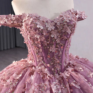 Princess Pink Appliquéd Flower Quinceañera Dress with Long Train