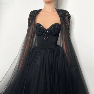 Gothic Black Tulle Arabic Evening Dress with Cape Sleeves Elegant Women 2024 Luxury Dubai Formal Party Gowns