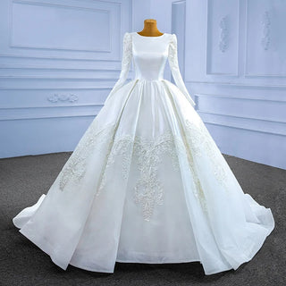 Simple Appliqué O-Neck Long Sleeve White Ball Gown Wedding Dress