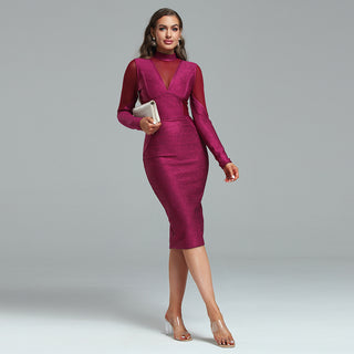 Ships in 1 to 3 Days -Shimmering Long-Sleeve Midi Dress with Sheer Mesh Detail