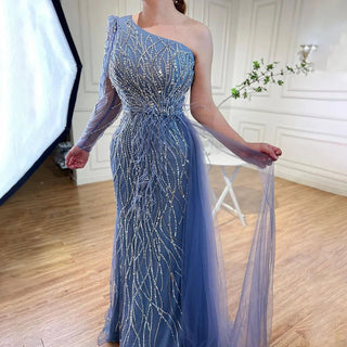 Grey One-Shoulder Mermaid Evening Gown with Beaded Feathers and Skirt for Women's Party 2024