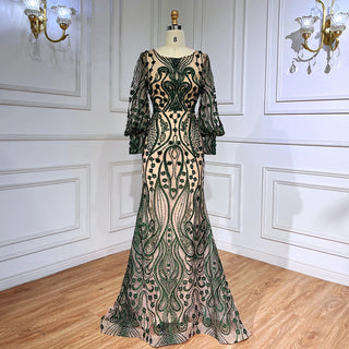 Green Mermaid Elegant Evening Gown 2024 with Puff Sleeves, Lace, and Beading - Luxury for Women's Muslim Parties