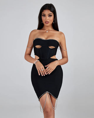 Fashion Bandage Dress - Sparkly Diamond Chain Strapless Open Back Cutout Mini Club Dress