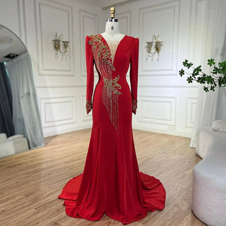 Arabic Red Mermaid Elegant Tassel Beaded Luxury Dubai Evening Dresses Gowns 2024 For Women Wedding Party