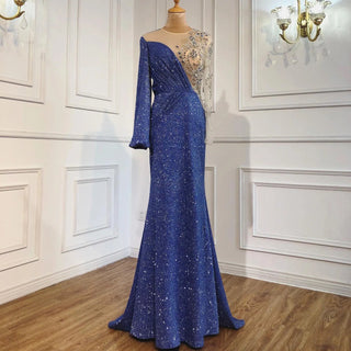 Blue Mermaid O-Neck Luxury Evening Dress: 2022 Long Sleeves Beaded Sparkle Gown for Women's Party