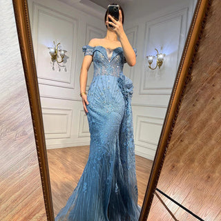 Blue Mermaid Lace Beaded Evening Dress with Overskirt - Formal Occasion Attire for Women's Wedding, Prom, or Party