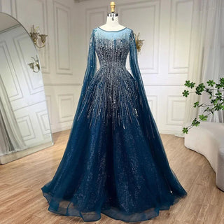 Navy Blue Luxury Evening Dress with Cape Sleeves - A-Line Beaded Gown for Women's Wedding Party 2024