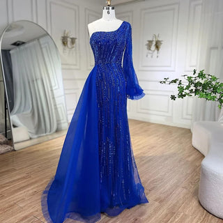 Ships in 1 to 3 Days - Arabic Blue Mermaid Evening Gown with Beaded Overskirt - Luxury Dress for Women's Wedding Party 2024