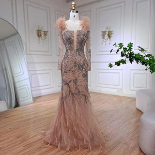 Luxury Dubai Nude One-Shoulder Beaded Feathers Mermaid Evening Dress - Gown for Women's Wedding Party