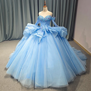 Bling Blue Off-Shoulder Puffy Quinceañera Gown with Sequins and Beading